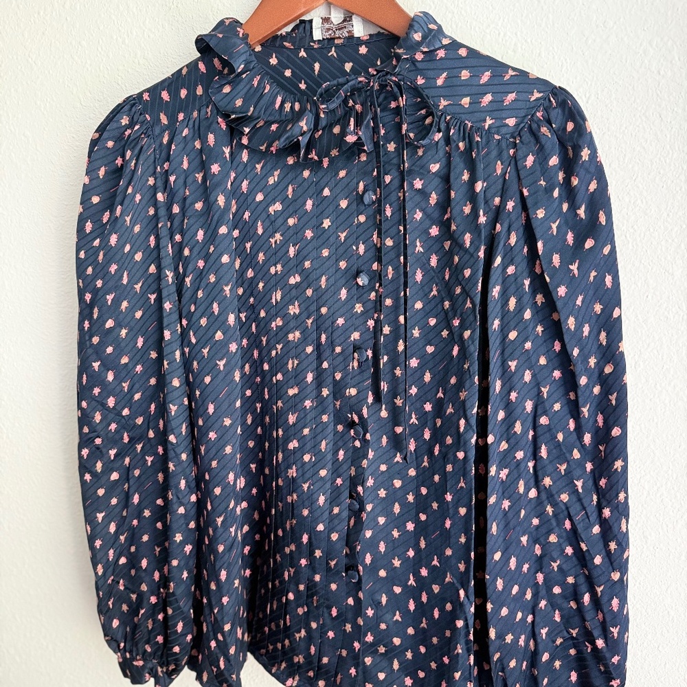 Vintage 80s Jim Heilman Silk Navy Long Sleeve Blouse Womens 10 Ruffle Collar